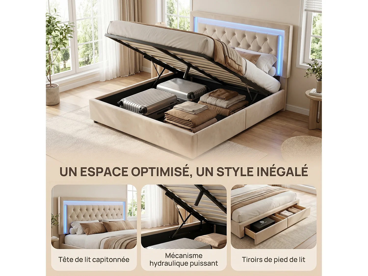 Lit Double Rembourré 140x190 cm, Lit Coffre avec Vérin Pneumatique, 2 Tiroirs de Rangement, avec LED, Lit Adulte au Moderne et Tendance, Velours, Beige