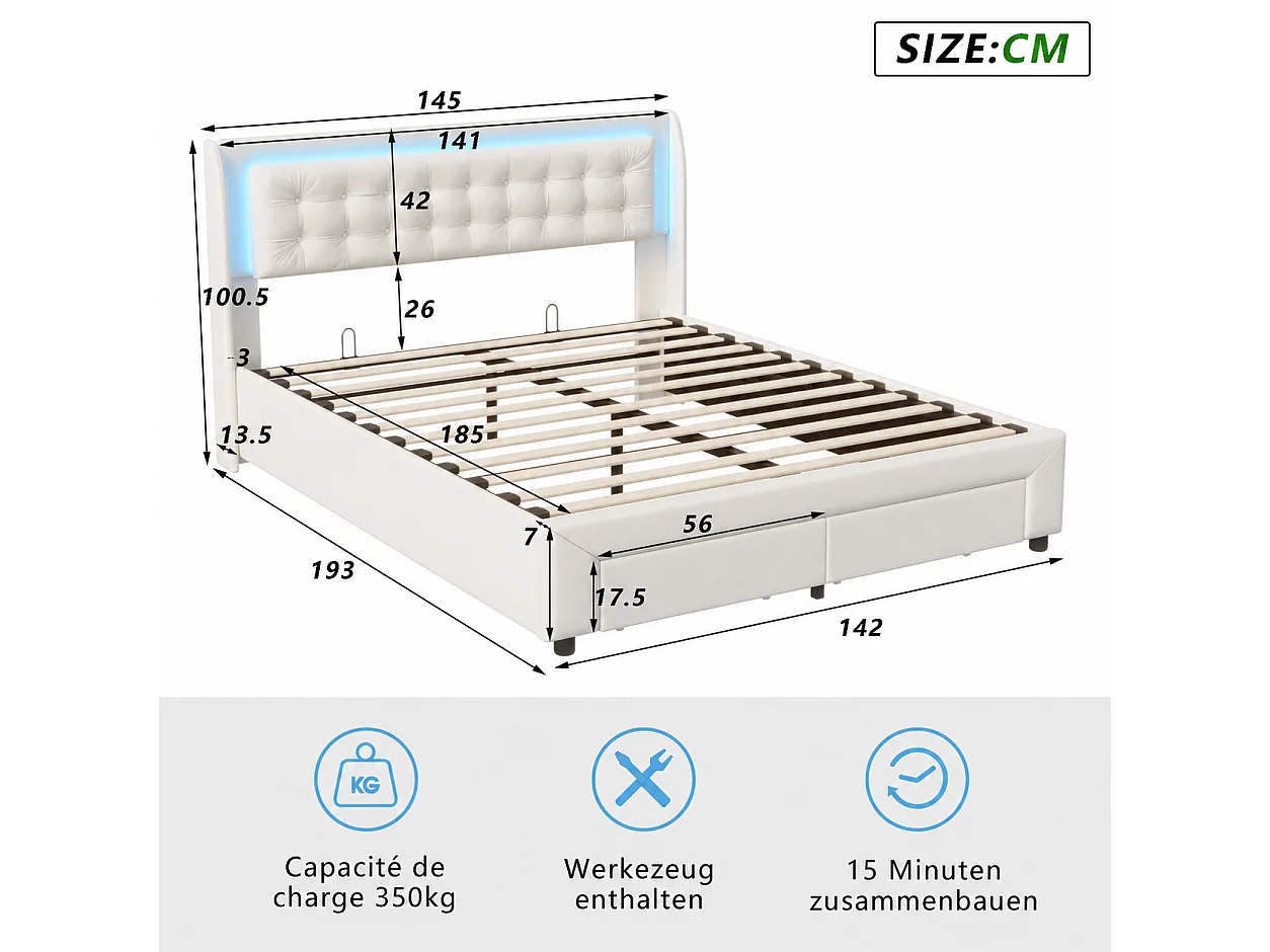 Lit Double Rembourré 140x190 cm, Lit Coffre avec Vérin Pneumatique, 2 Tiroirs de Rangement, avec LED, Lit Adulte au Moderne et Tendance, Velours, Beige