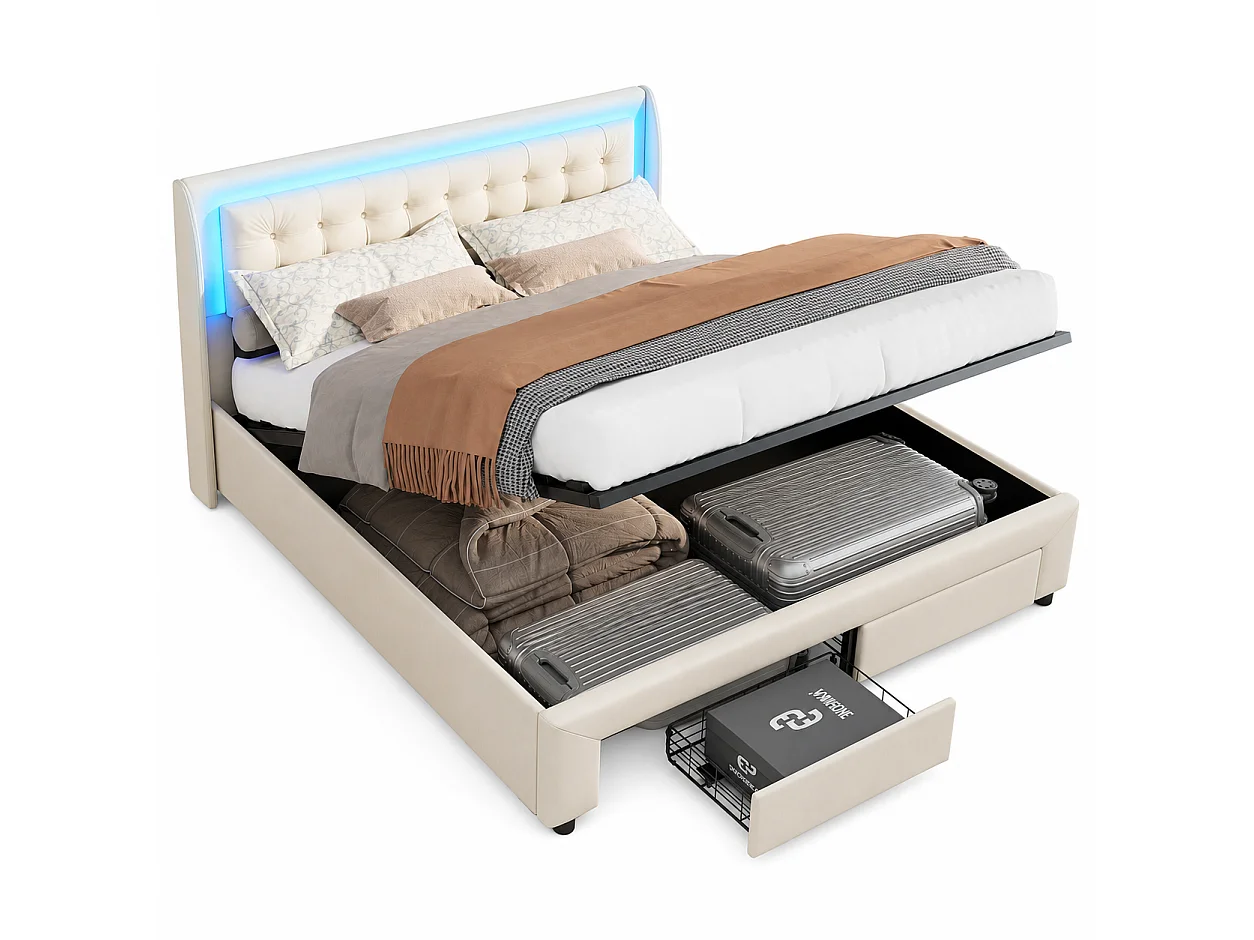 Lit Double Rembourré 140x190 cm, Lit Coffre avec Vérin Pneumatique, 2 Tiroirs de Rangement, avec LED, Lit Adulte au Moderne et Tendance, Velours, Beige