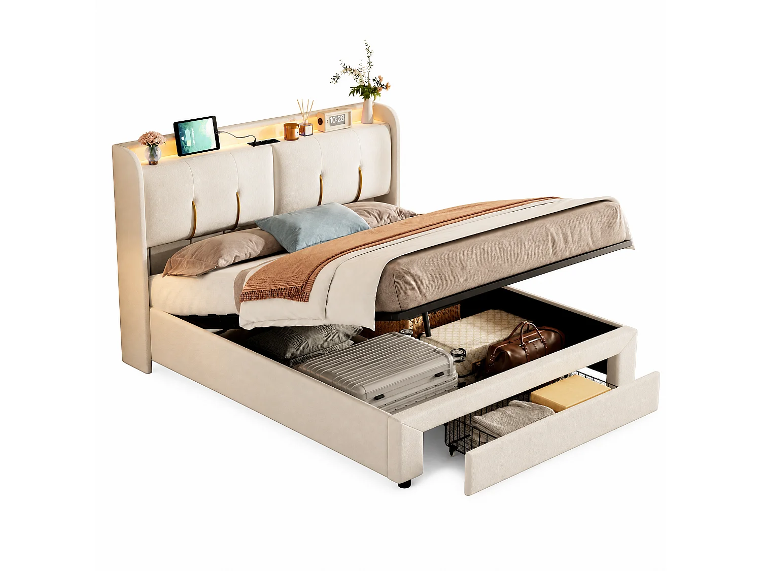 Lit Double Coffre 160x200 cm, Tête de Lit avec Rangement, Lit Capitonné avec Vérin Pneumatique, 1 Tiroir, avec LED, Double Port USB, Velours, Beige