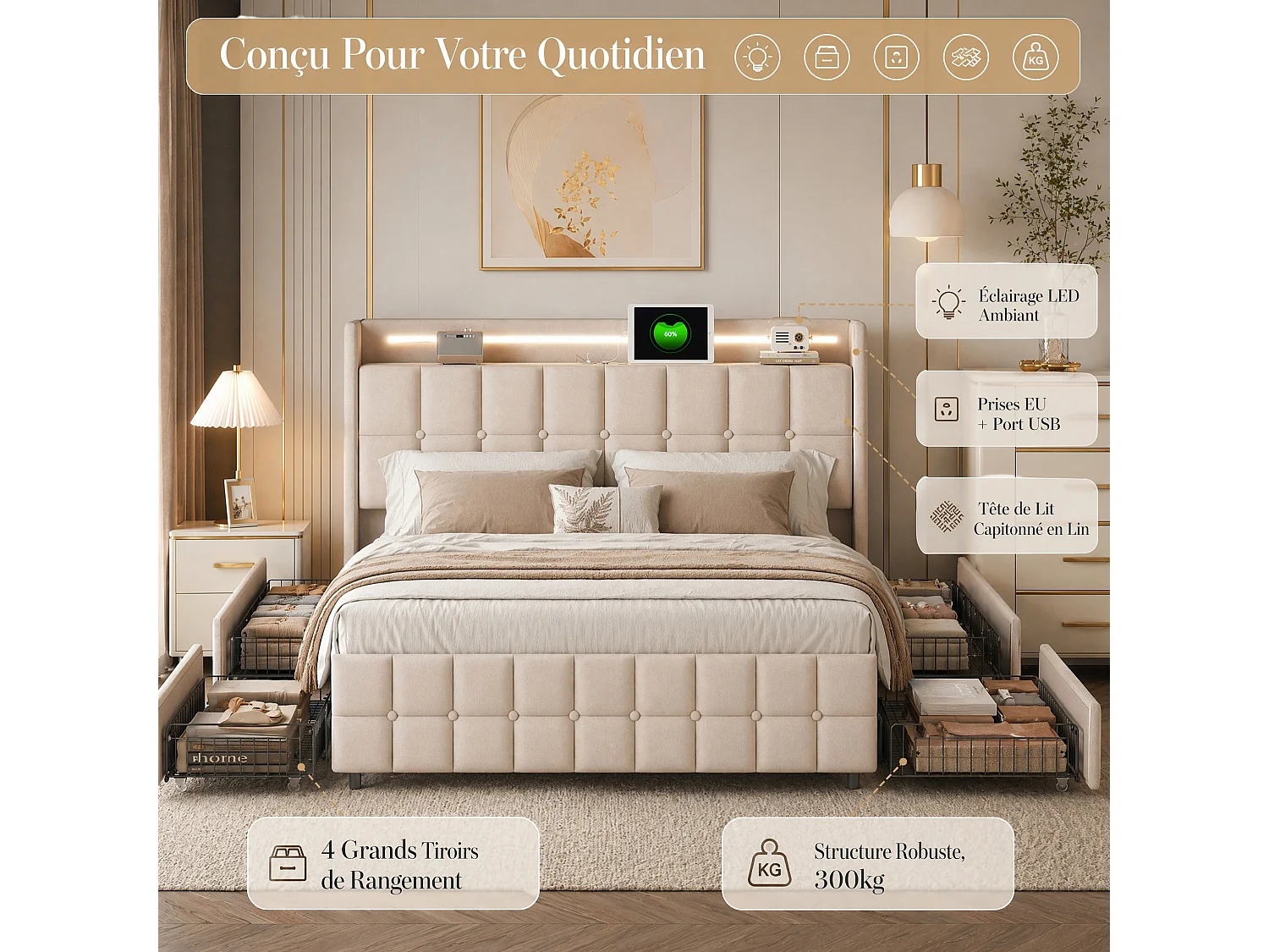 Lit Capitonné Adulte 180x200 cm, étagère de rangement de chevet, Lit Double avec 4 Tiroirs, Éclairage LED, Port USB, Style Moderne Classique, Lin, Beige