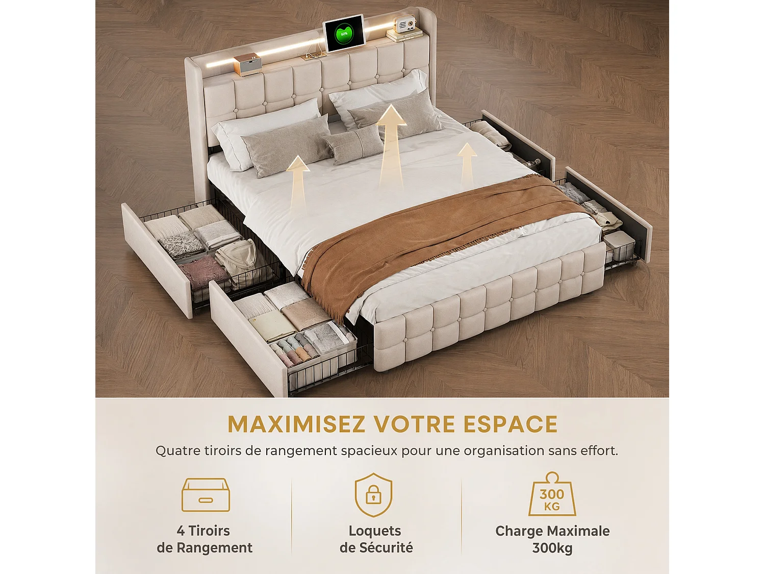 Lit Capitonné Adulte 180x200 cm, étagère de rangement de chevet, Lit Double avec 4 Tiroirs, Éclairage LED, Port USB, Style Moderne Classique, Lin, Beige
