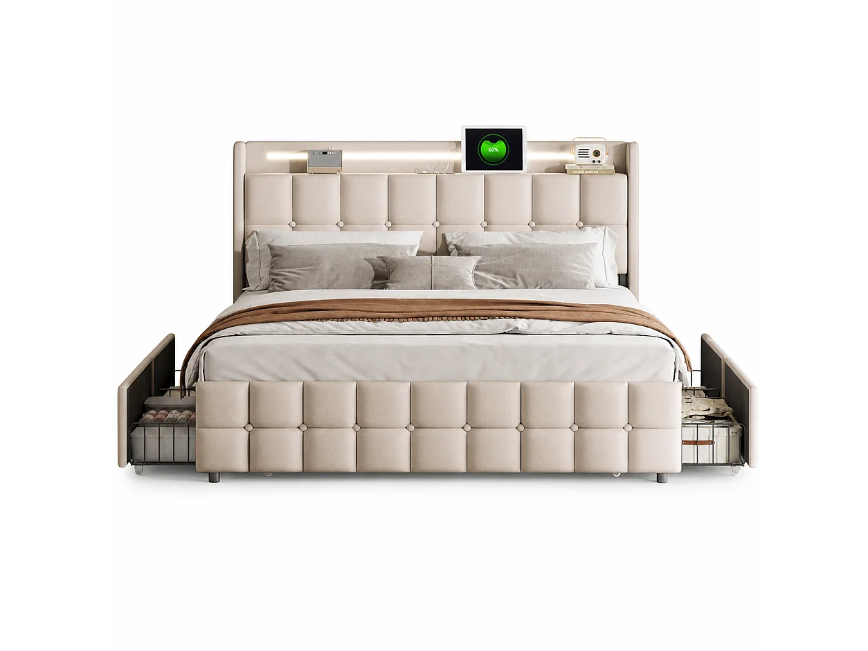 Lit Capitonné Adulte 180x200 cm, étagère de rangement de chevet, Lit Double avec 4 Tiroirs, Éclairage LED, Port USB, Style Moderne Classique, Lin, Beige