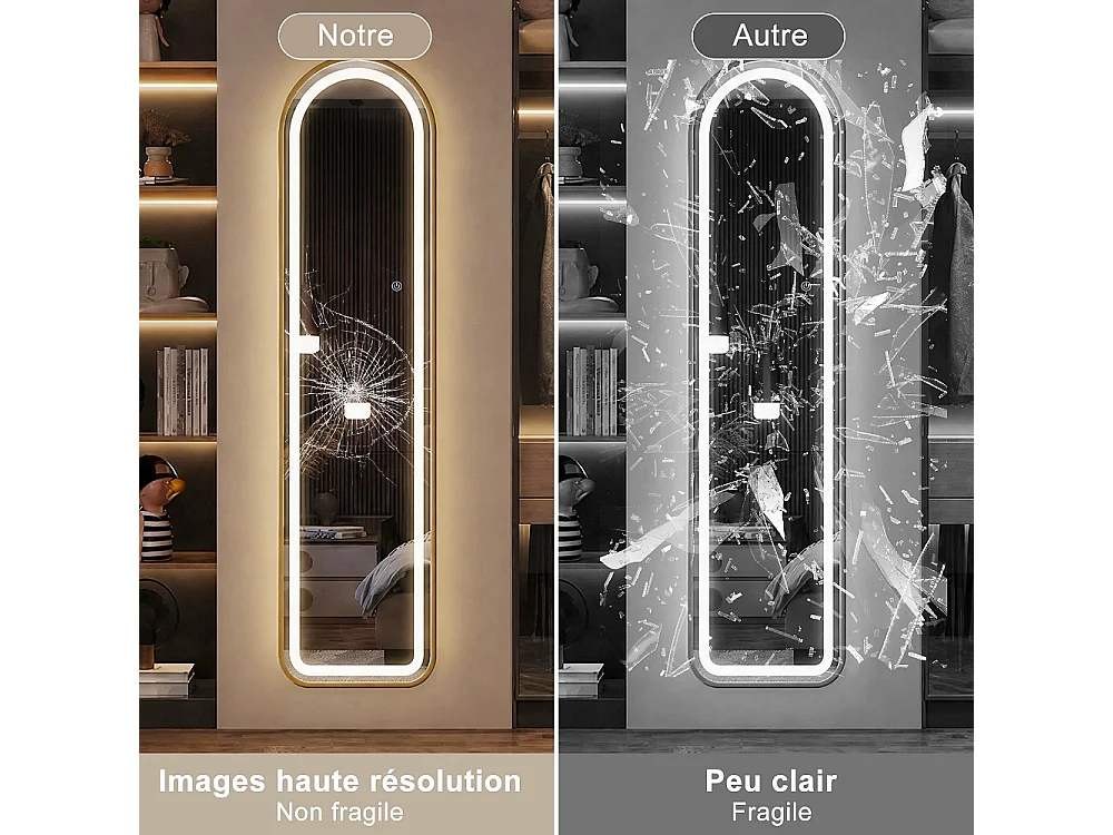 Arché miroir longueur complète 40 × 150 cm - cadre en aluminium dressing miroir avec LED - mur monté / miroir debout au sol, éclairage 3 couleurs - Or