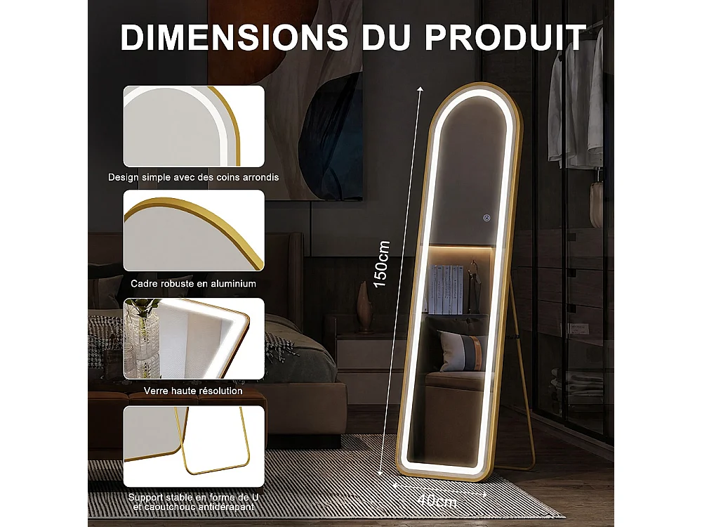 Arché miroir longueur complète 40 × 150 cm - cadre en aluminium dressing miroir avec LED - mur monté / miroir debout au sol, éclairage 3 couleurs - Or