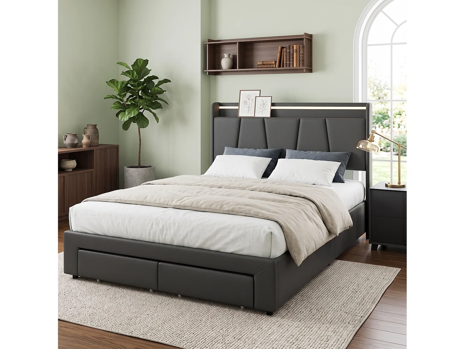 Lit Coffre Capitonné 140x200 cm, Rangement Barométrique, Lit Double avec 2 Tiroirs, Tête de Lit avec rangement, éclairage LED, port USB, Lit Adulte, Gris foncé