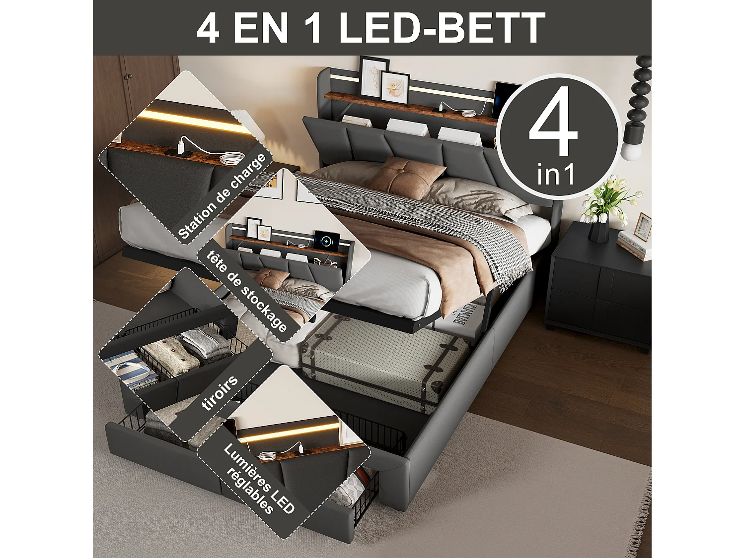 Lit Coffre Capitonné 140x200 cm, Rangement Barométrique, Lit Double avec 2 Tiroirs, Tête de Lit avec rangement, éclairage LED, port USB, Lit Adulte, Gris foncé
