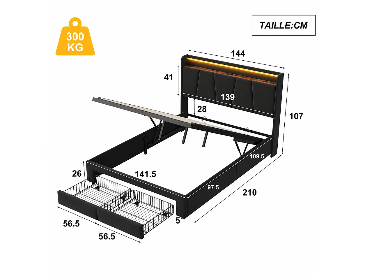 Lit Coffre Capitonné 140x200 cm, Rangement Barométrique, Lit Double avec 2 Tiroirs, Tête de Lit avec rangement, éclairage LED, port USB, Lit Adulte, Gris foncé