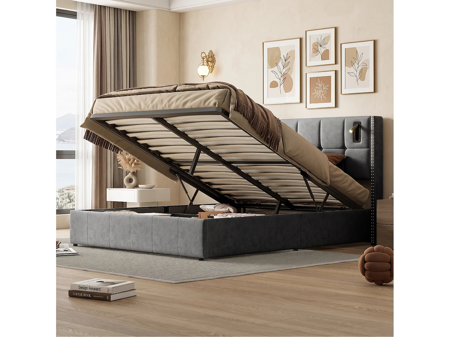 Lit Double Capitonné 140x200 cm, Lit Adulte avec Rangement Barométrique, Tête de Lit Rembourrée avec Clous en Acier, avec 2 Lampes de Lecture, Velours, Gris