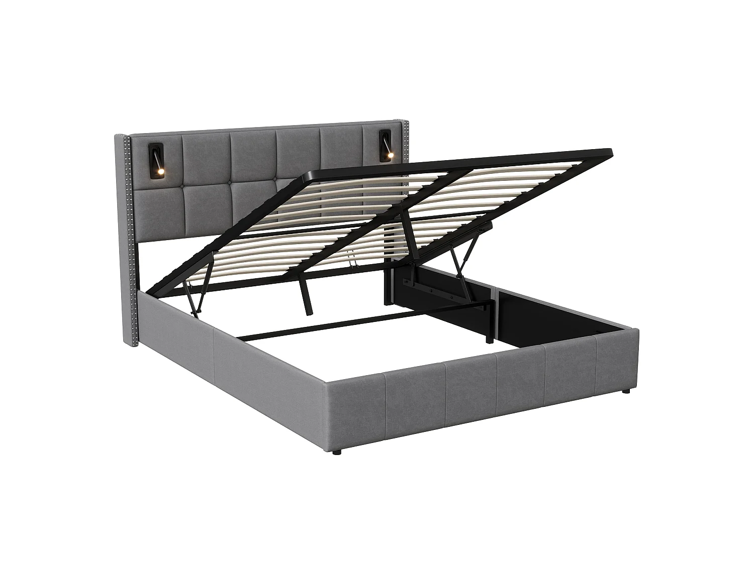 Lit Double Capitonné 140x200 cm, Lit Adulte avec Rangement Barométrique, Tête de Lit Rembourrée avec Clous en Acier, avec 2 Lampes de Lecture, Velours, Gris