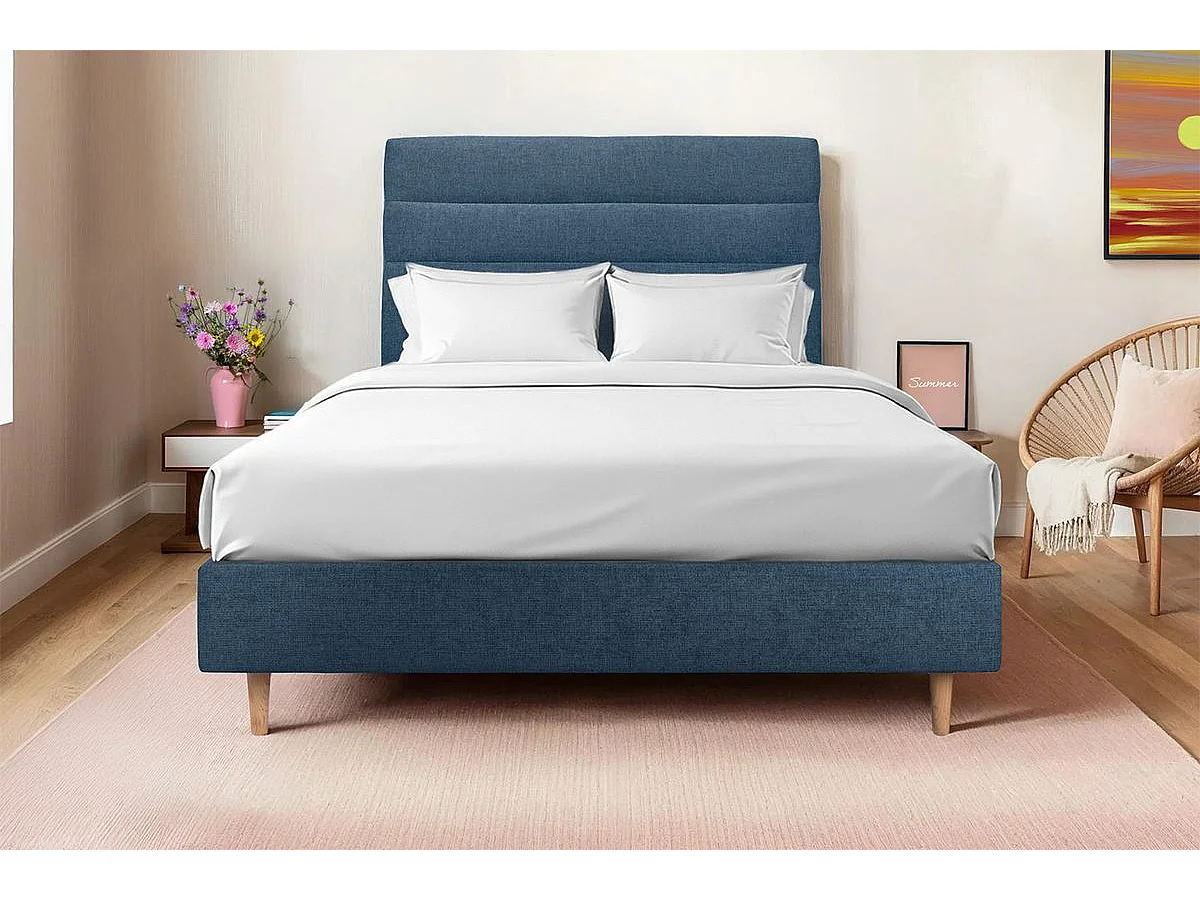 Lit 150x200cm avec tête de lit lignes tissu et sommier tapissier Bleu - Hauteur totale : 35cm