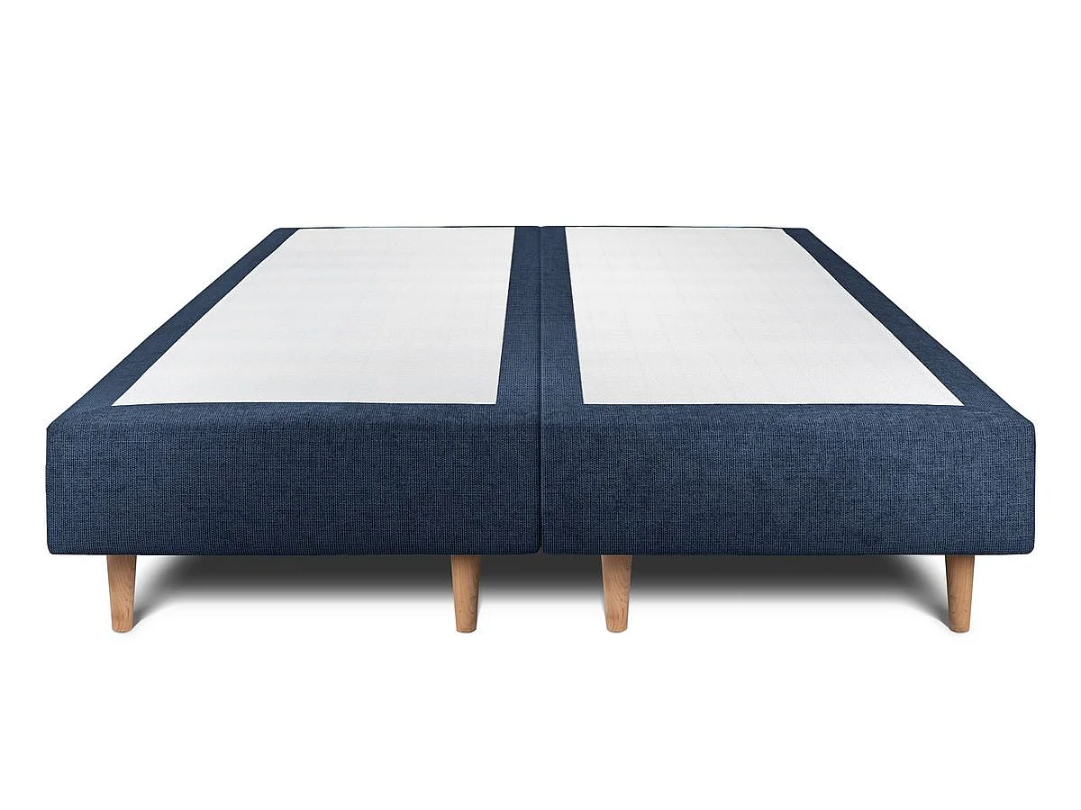 Lit 200x200cm avec tête de lit lignes tissu et double sommier tapissier bleu - Hauteur totale : 35cm
