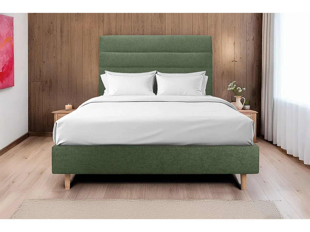 Lit 150x190cm avec tête de lit lignes tissu et sommier tapissier vert - Hauteur totale : 35cm