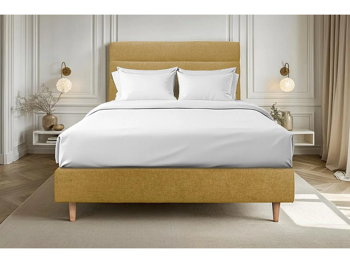 Lit 150x190cm avec tête de lit lignes tissu et sommier tapissier jaune - Hauteur totale : 35cm