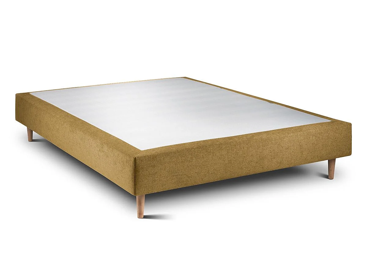 Lit 150x190cm avec tête de lit lignes tissu et sommier tapissier jaune - Hauteur totale : 35cm