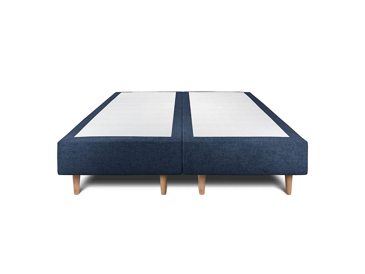 Lit 160x200cm avec tête de lit lignes tissu et double sommier tapissier bleu - Hauteur totale : 35cm