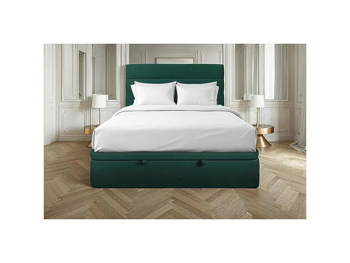 Lit coffre 140x190cm avec tête de lit lignes Velours Vert - Hauteur totale : 39cm