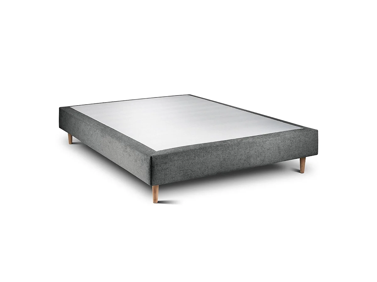 Lit 135x190cm avec tête de lit lignes tissu et sommier tapissier gris anthracite - Hauteur totale : 35cm