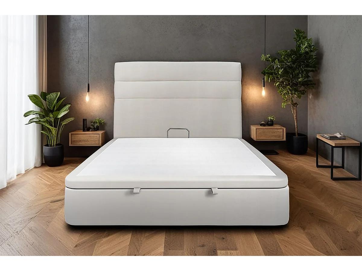 Lit coffre 140x190cm avec tête de lit lignes Velours Gris clair - Hauteur totale : 39cm