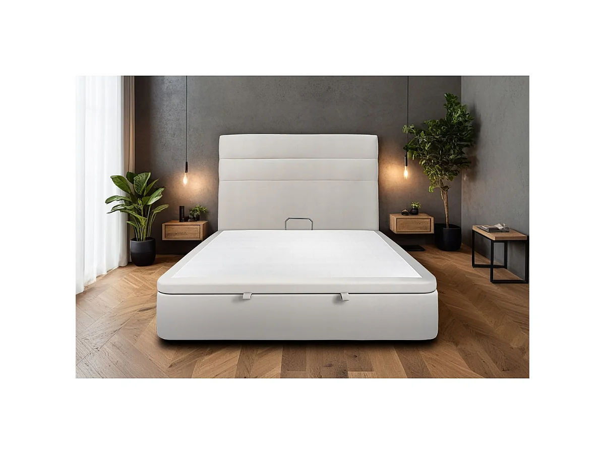 Lit coffre 140x190cm avec tête de lit lignes Velours Gris clair - Hauteur totale : 39cm