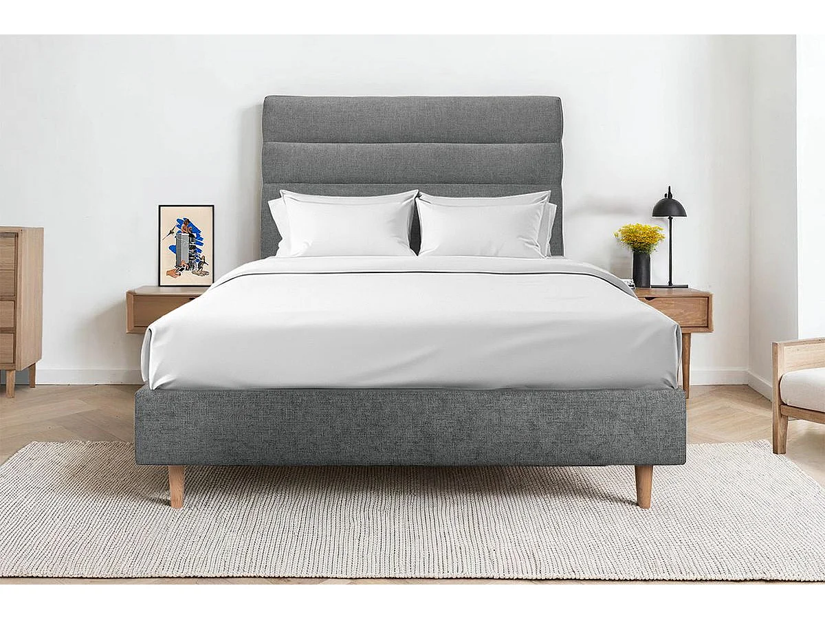 Lit 150x190cm avec tête de lit lignes tissu et sommier tapissier gris anthracite - Hauteur totale : 35cm