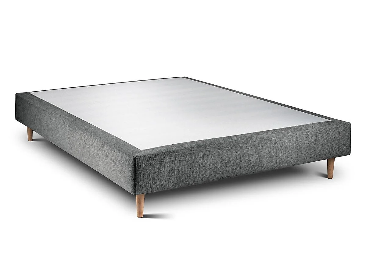 Lit 150x190cm avec tête de lit lignes tissu et sommier tapissier gris anthracite - Hauteur totale : 35cm