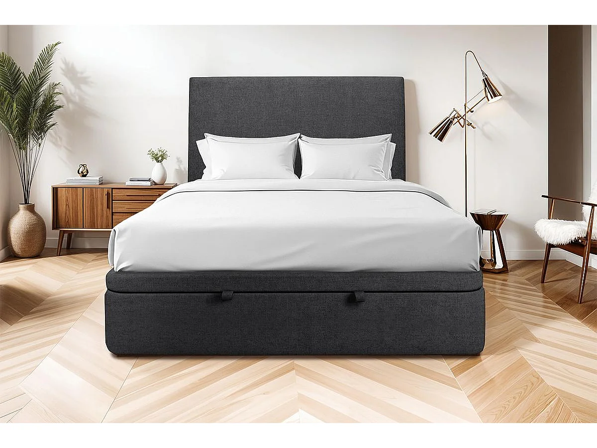 Lit coffre 140x200cm avec tête de lit tapissier Tissu Noir - Hauteur totale : 39cm