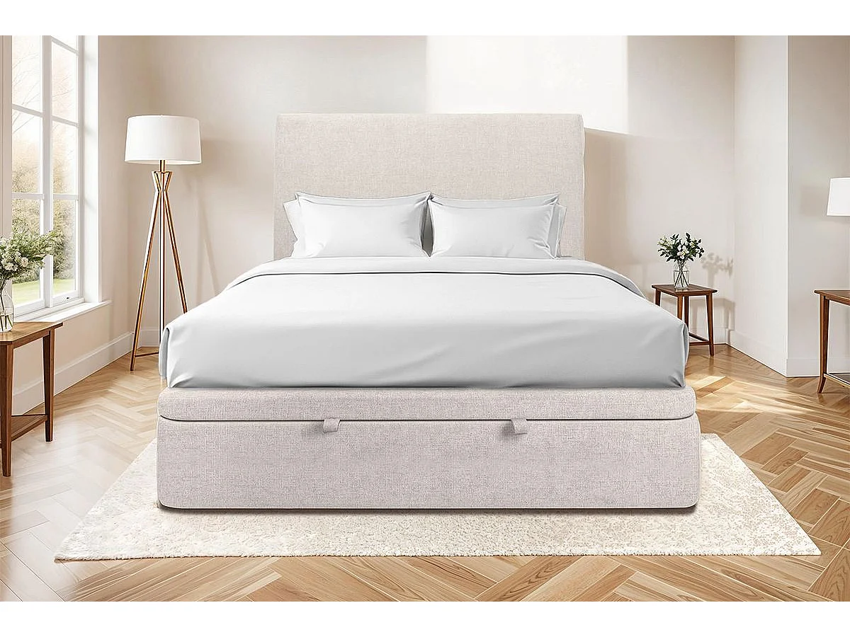 Lit coffre 140x200cm avec tête de lit tapissier Tissu Beige clair - Hauteur totale : 39cm