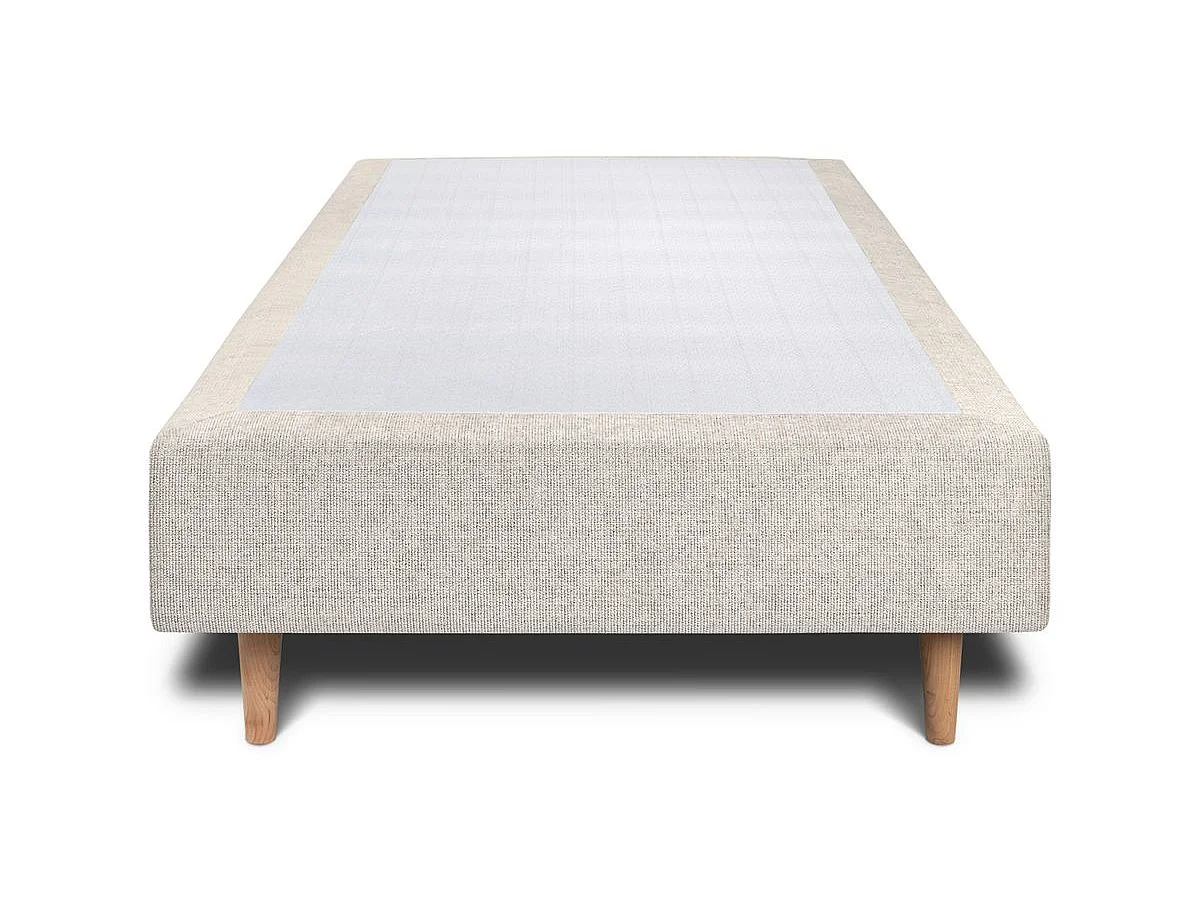 Lit 90x200cm avec tête de lit lignes tissu et sommier tapissier Beige clair - Hauteur totale : 35cm