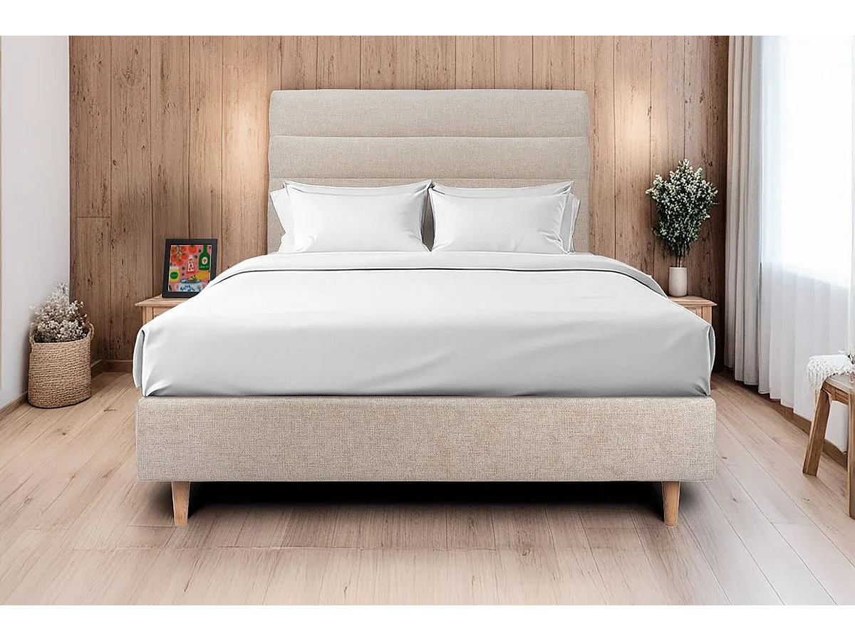 Lit 150x190cm avec tête de lit lignes tissu et sommier tapissier beige brun - Hauteur totale : 35cm