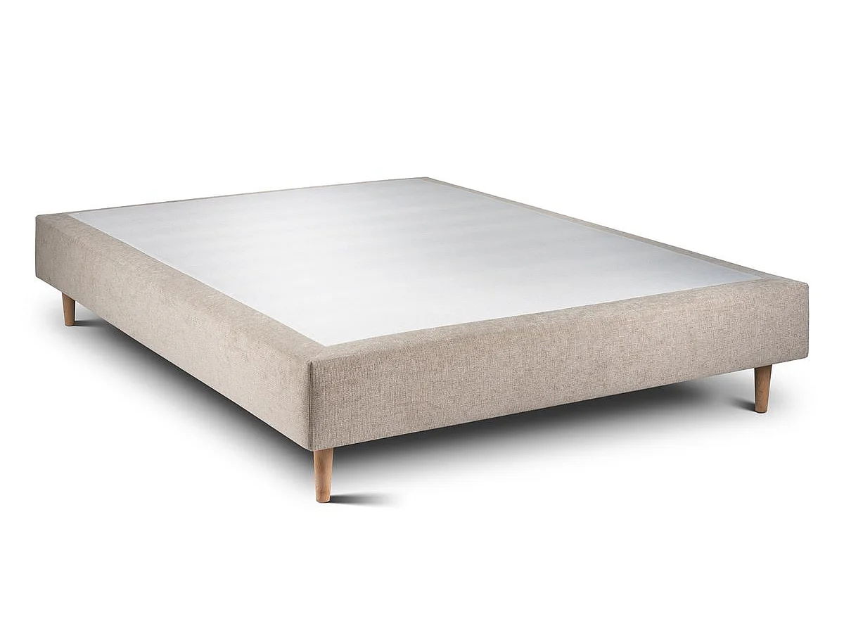 Lit 150x190cm avec tête de lit lignes tissu et sommier tapissier beige brun - Hauteur totale : 35cm