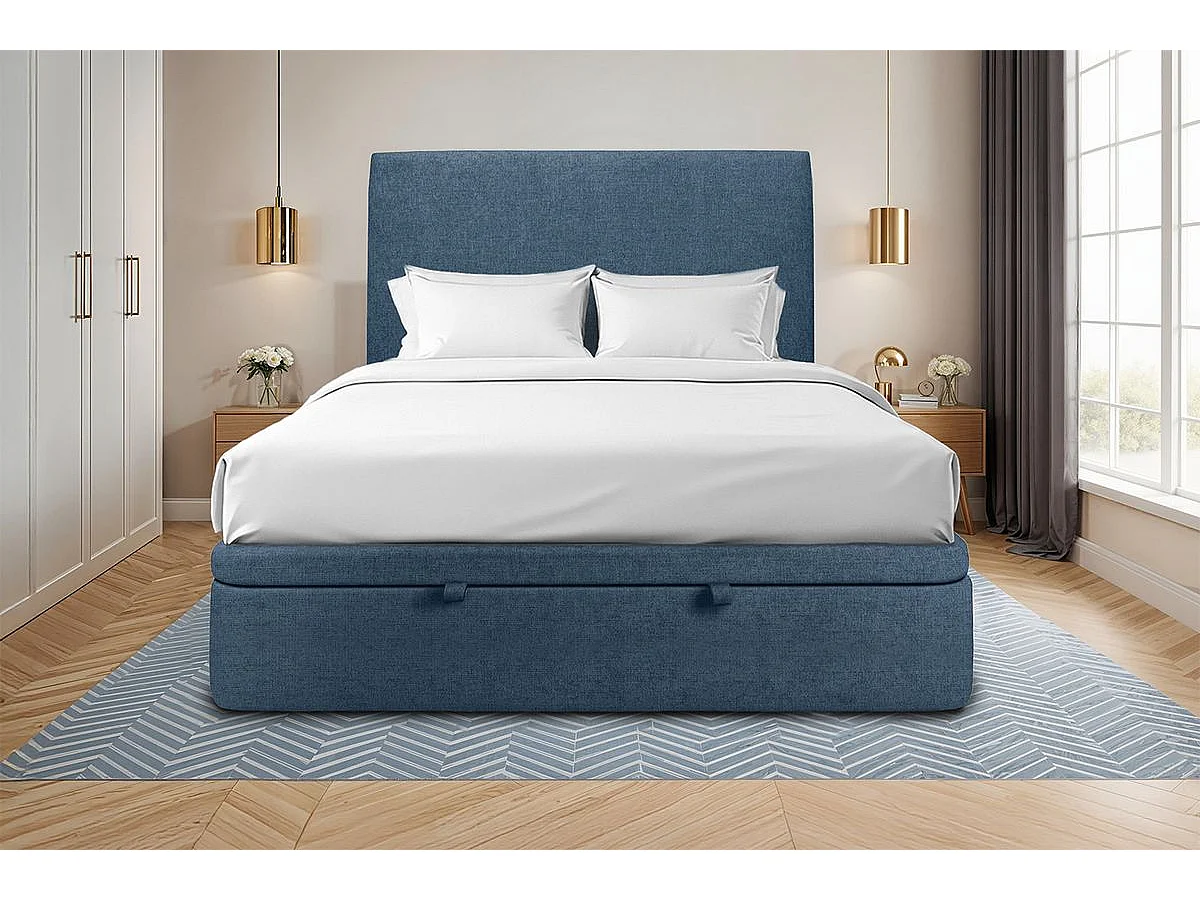 Lit coffre 140x200cm avec tête de lit tapissier Tissu Bleu - Hauteur totale : 39cm