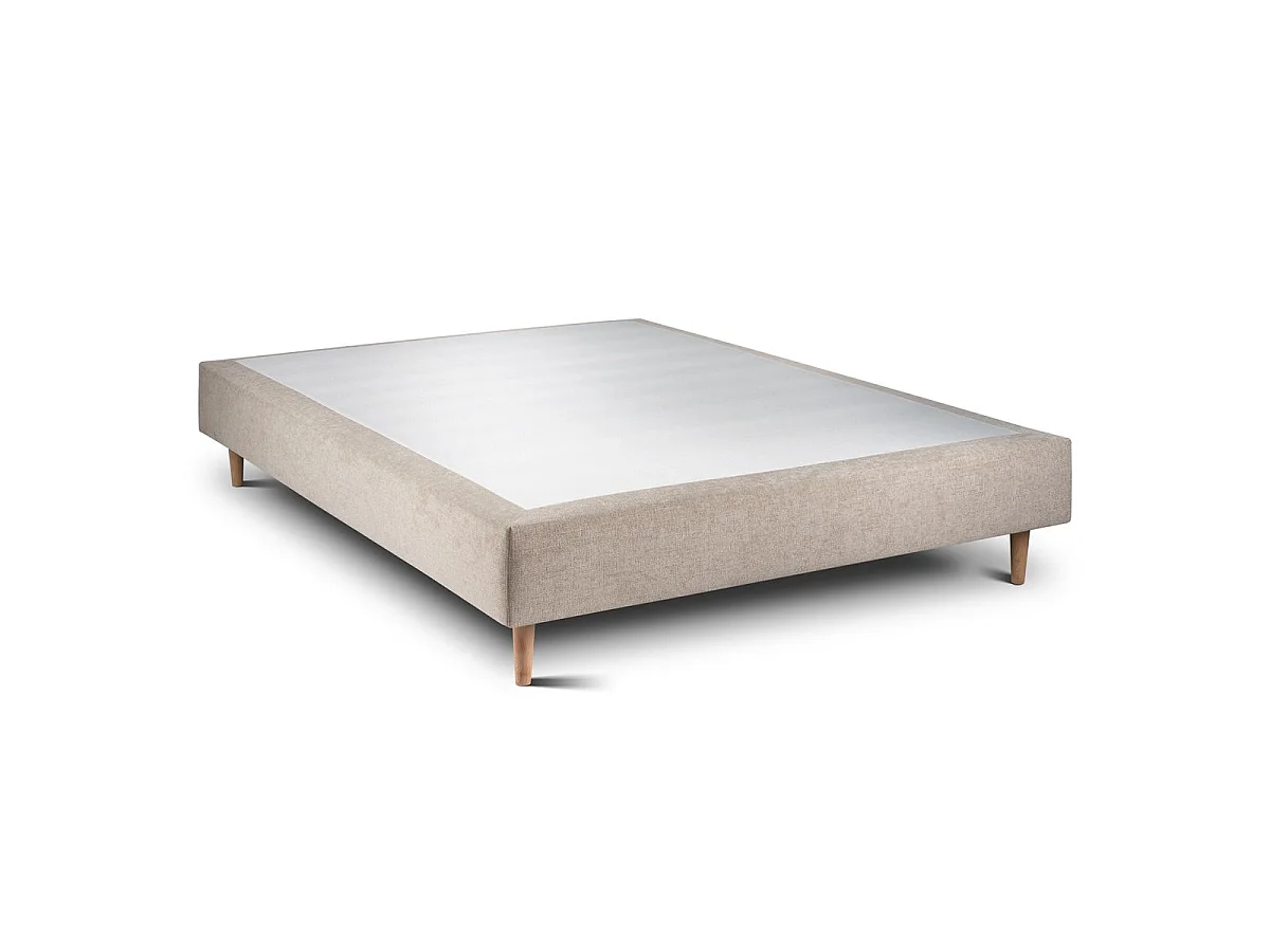 Lit 150x200cm avec tête de lit lignes tissu et sommier tapissier beige brun - Hauteur totale : 35cm