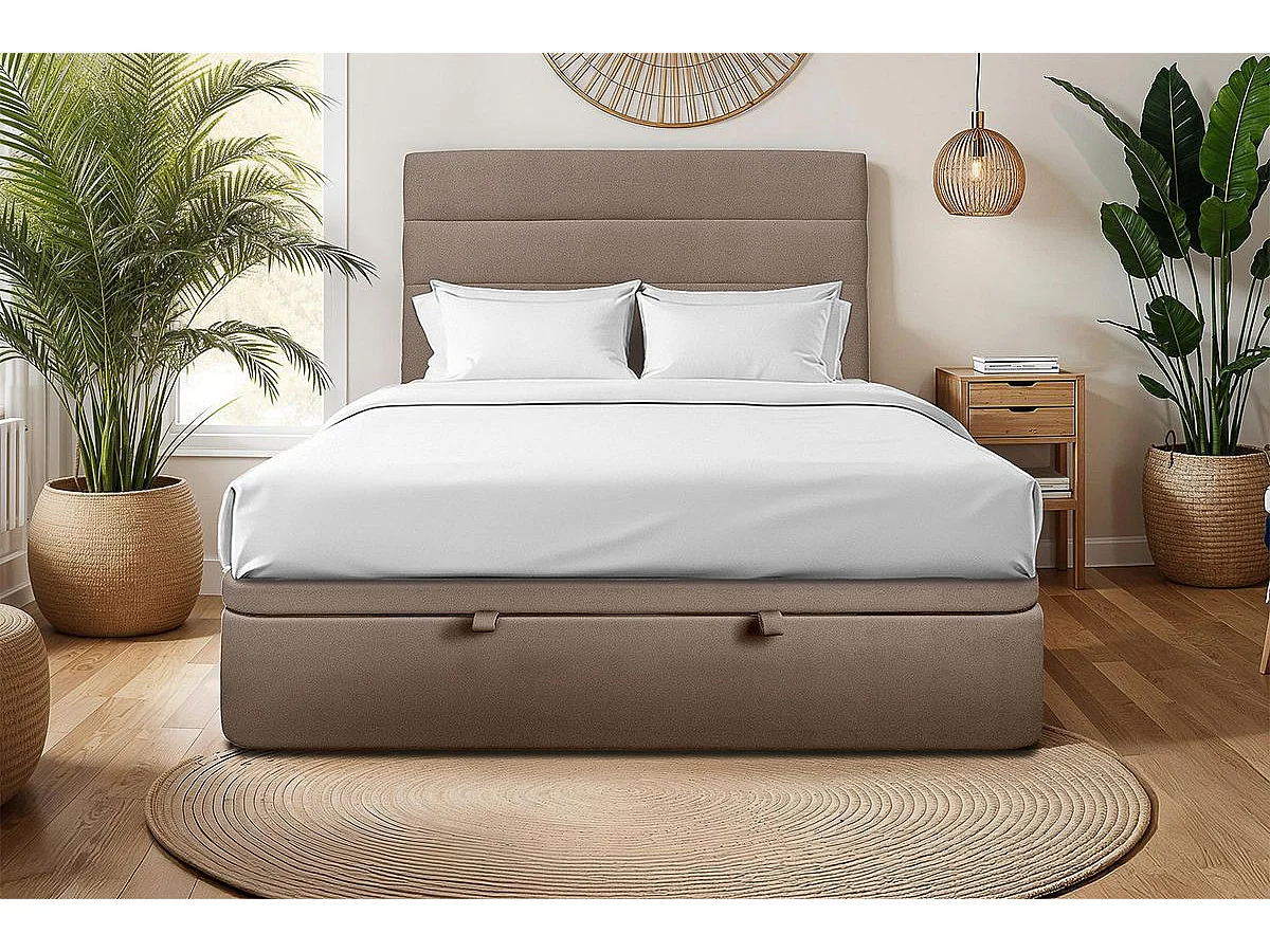 Lit coffre 140x190cm avec tête de lit lignes Velours Taupe - Hauteur totale : 39cm
