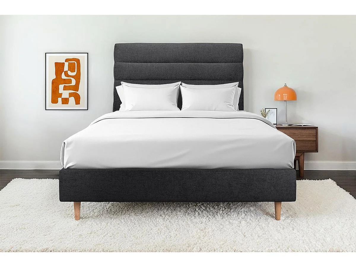 Lit 150x190cm avec tête de lit lignes tissu et sommier tapissier Noir - Hauteur totale : 35cm