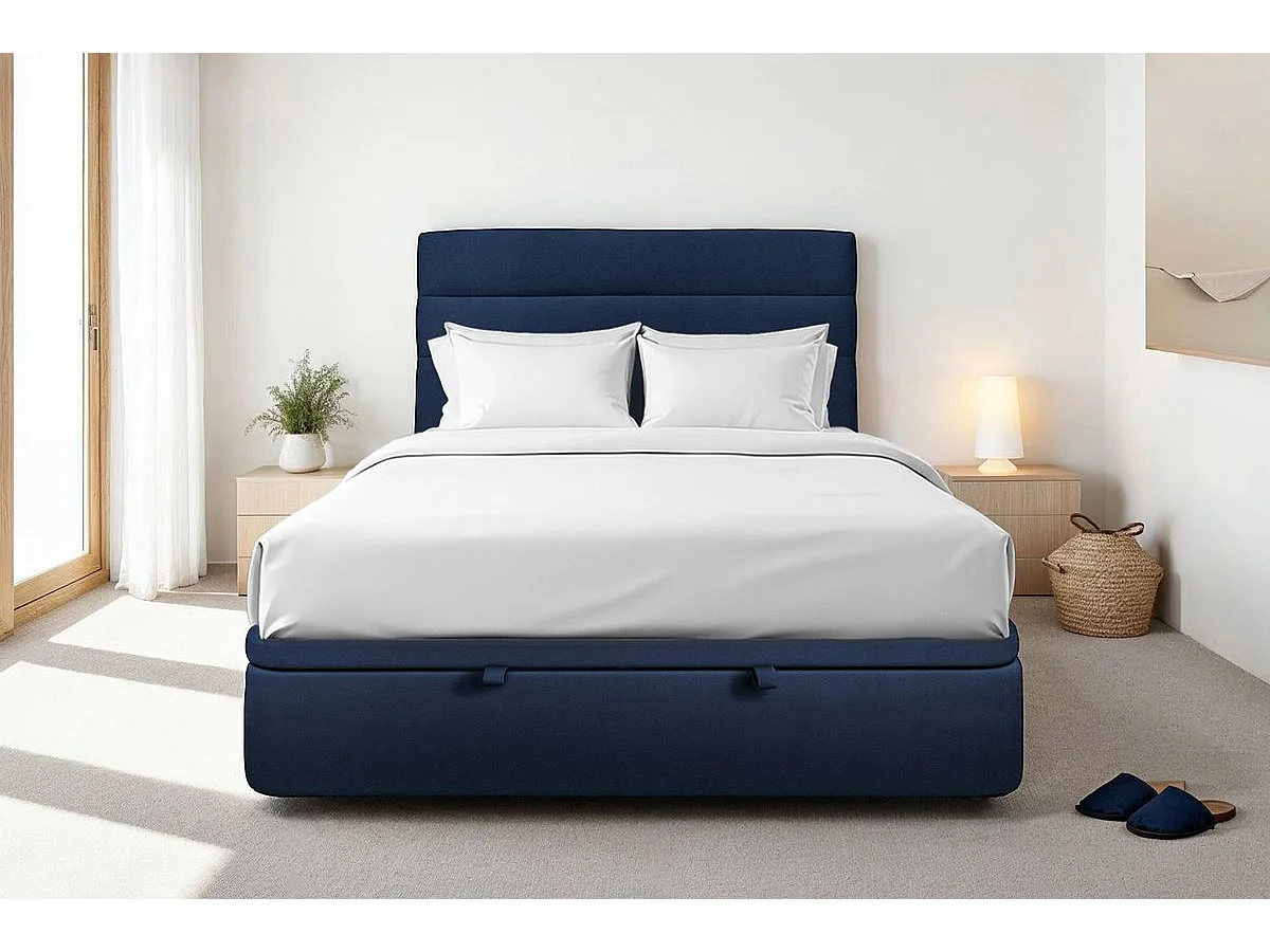 Lit coffre 200x200cm avec tête de lit lignes Velours Bleu - Hauteur totale : 39cm