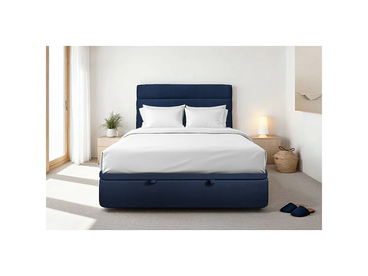 Lit coffre 200x200cm avec tête de lit lignes Velours Bleu - Hauteur totale : 39cm