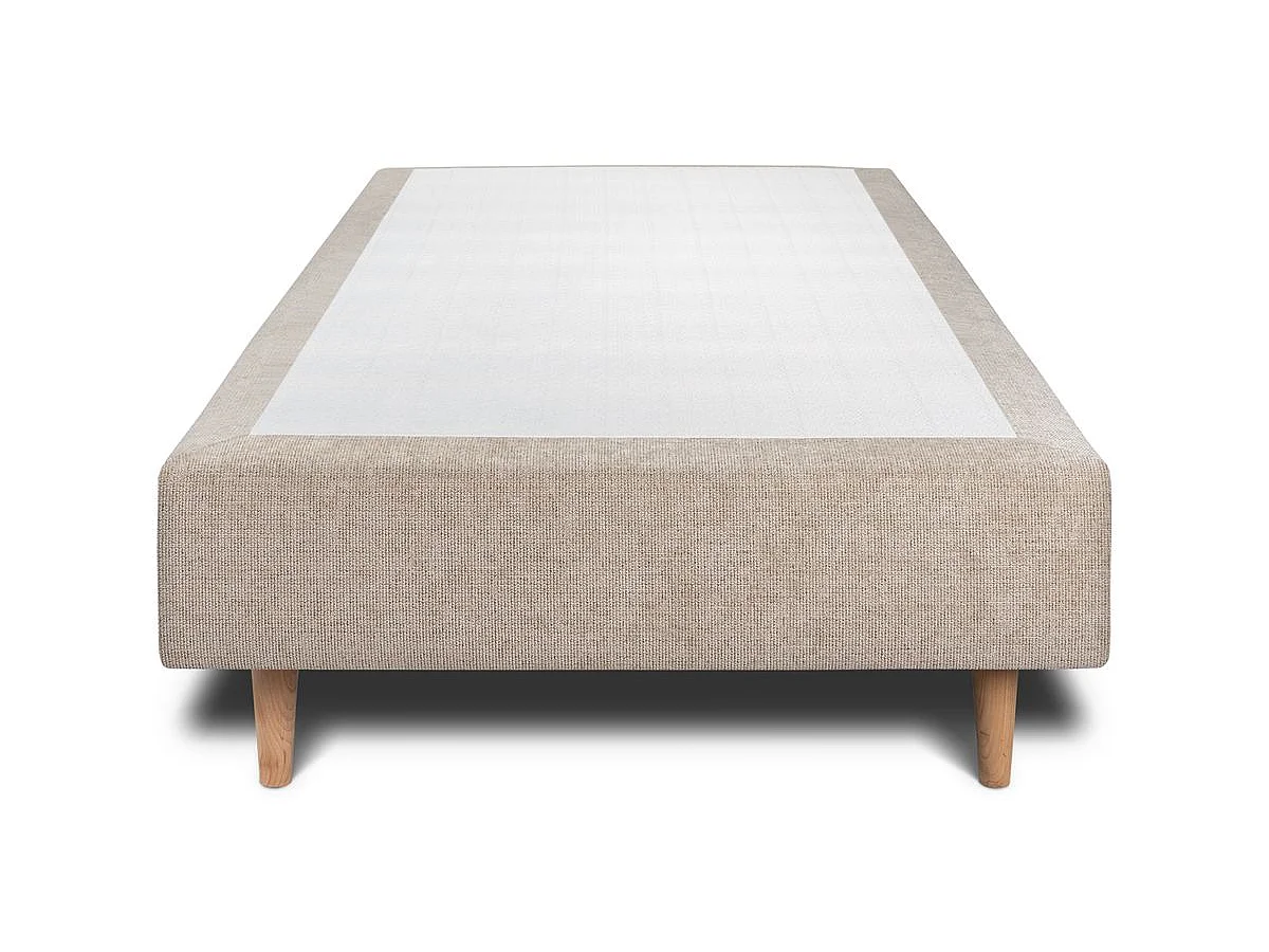Lit 90x190cm avec tête de lit lignes tissu et sommier tapissier beige brun - Hauteur totale : 35cm
