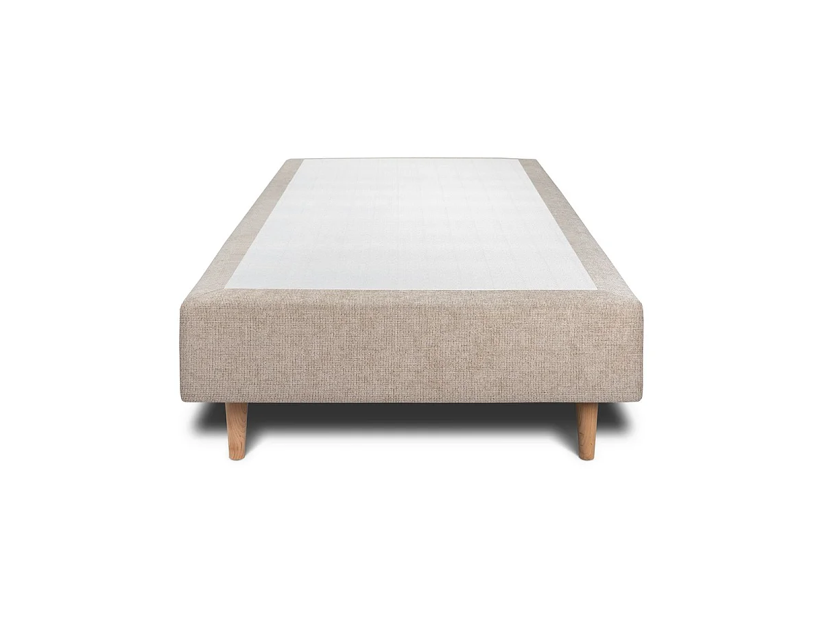 Lit 90x190cm avec tête de lit lignes tissu et sommier tapissier beige brun - Hauteur totale : 35cm