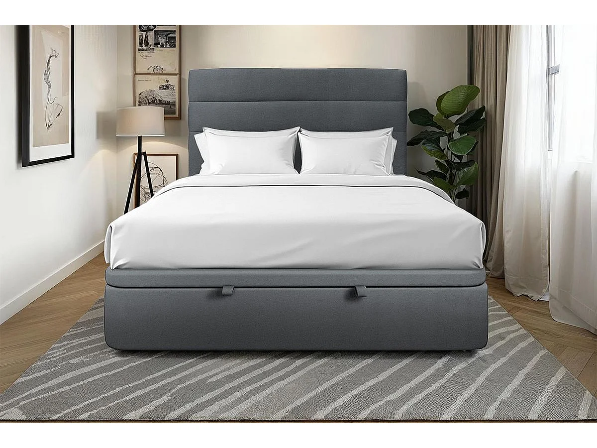 Lit coffre 140x190cm avec tête de lit lignes Velours Gris anthracite - Hauteur totale : 39cm