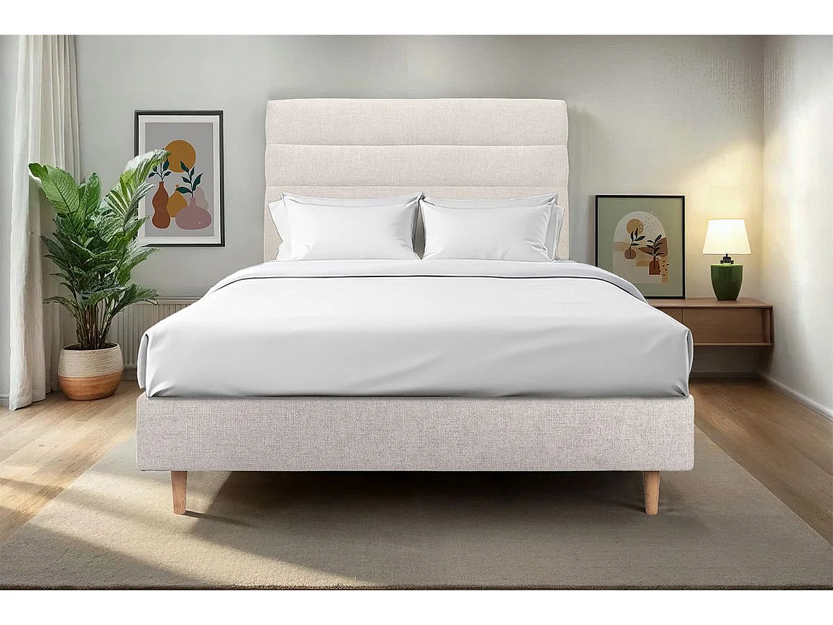 Lit 150x190cm avec tête de lit lignes tissu et sommier tapissier Beige clair - Hauteur totale : 35cm