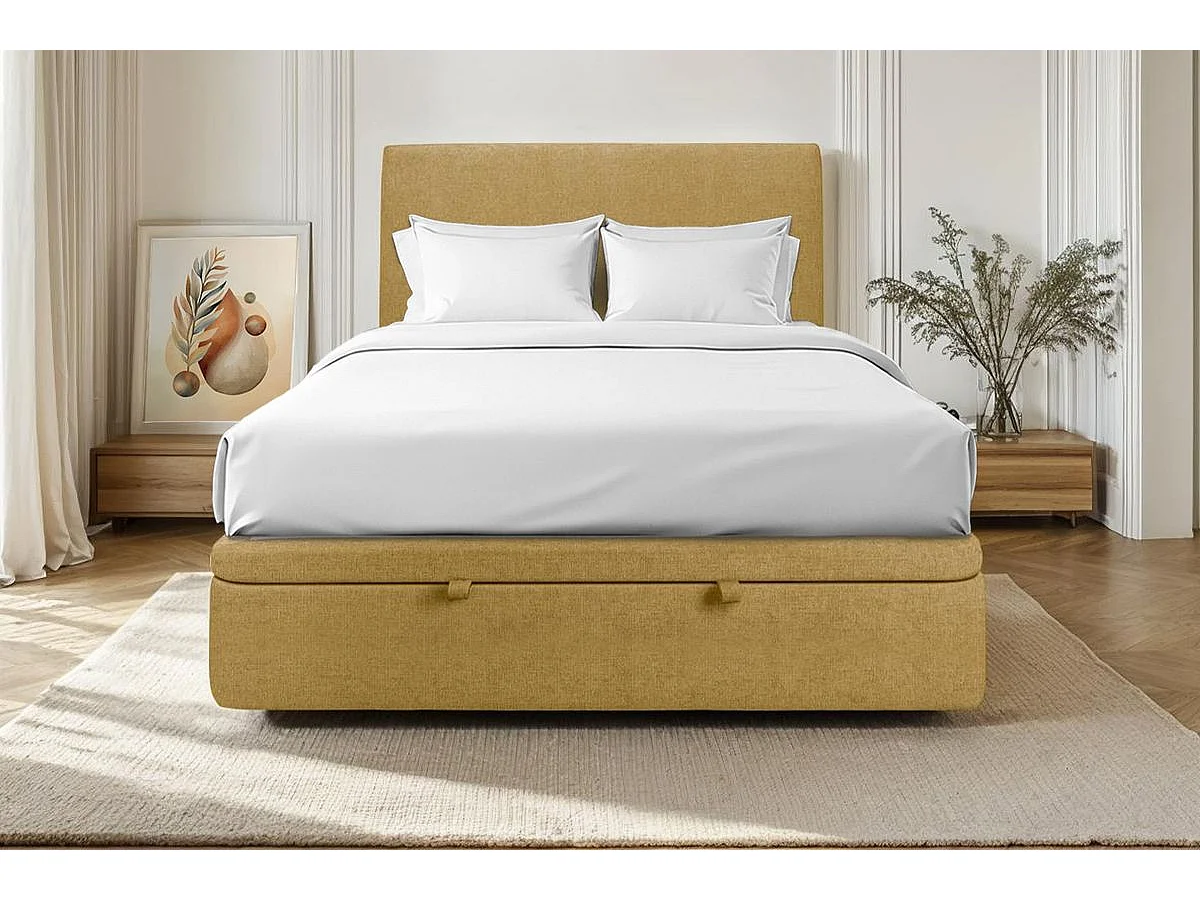 Lit coffre 200x200cm avec tête de lit tapissier Tissu Jaune - Hauteur totale : 39cm