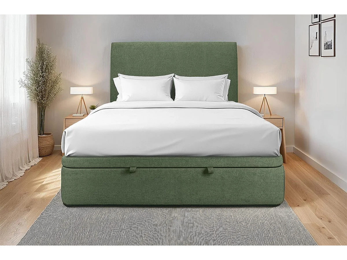 Lit coffre 140x200cm avec tête de lit tapissier Tissu Vert - Hauteur totale : 39cm