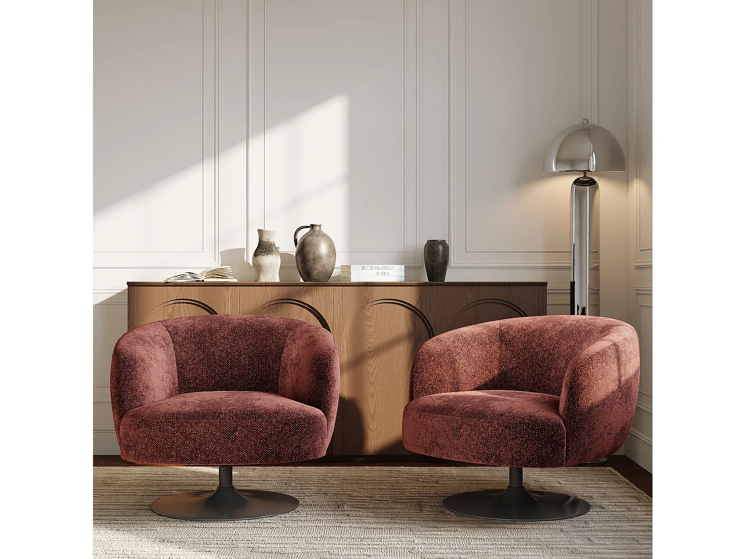 Fauteuil de salon pivotant OSKA en velours texturé bordeaux