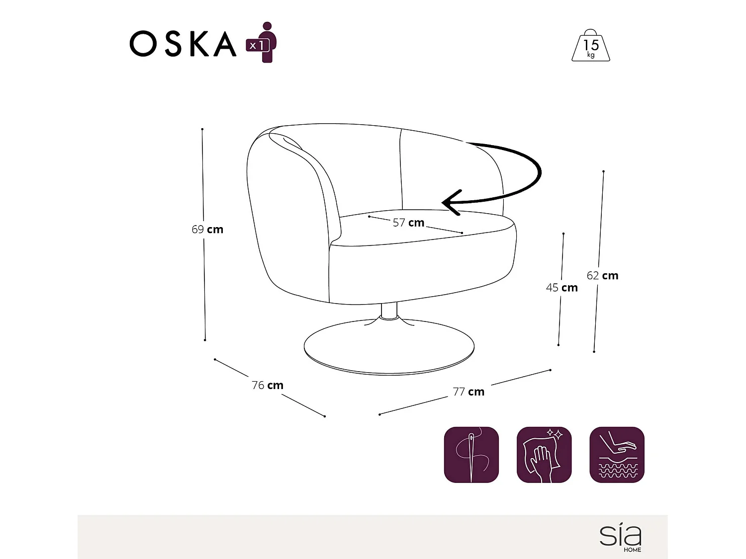 Fauteuil de salon pivotant OSKA en velours texturé bordeaux
