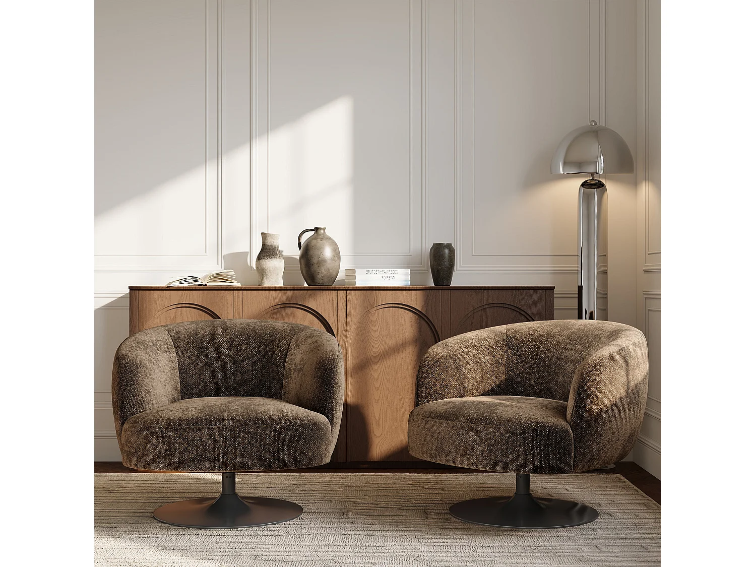 Fauteuil de salon pivotant OSKA en velours texturé brun expresso