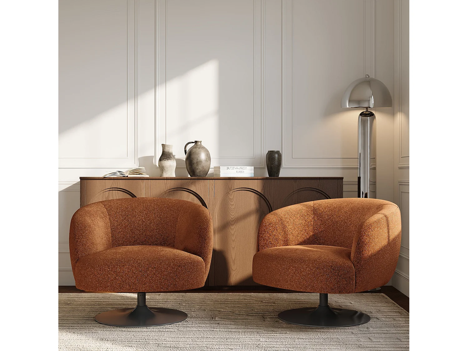 Fauteuil de salon pivotant OSKA en velours texturé terracotta
