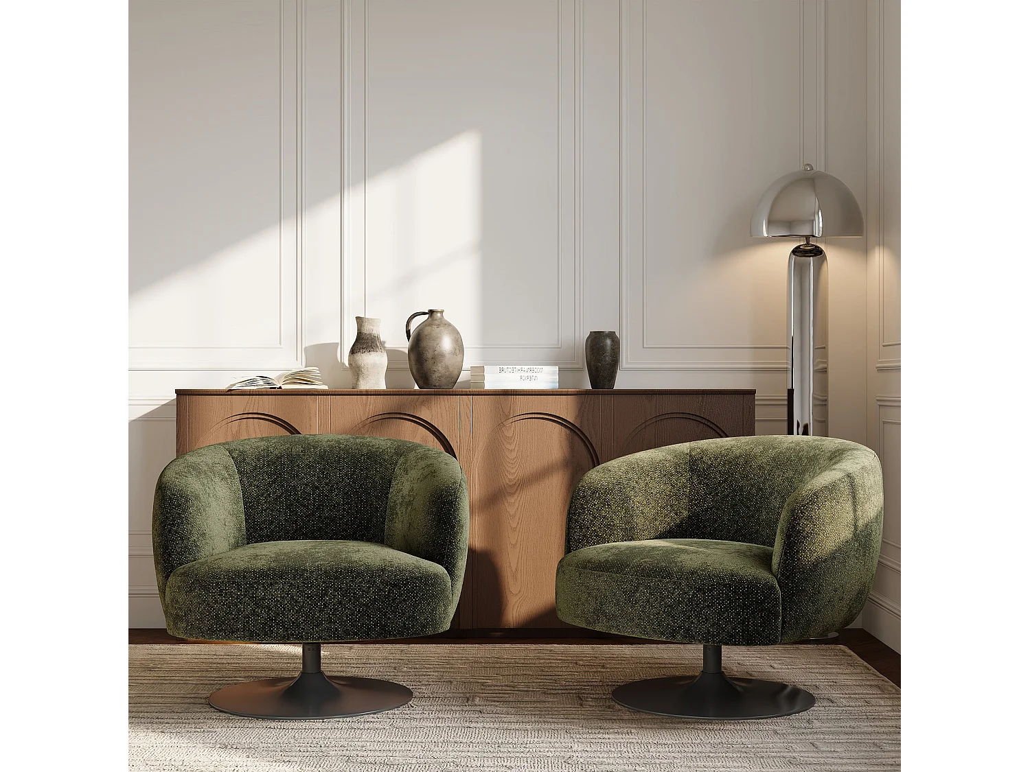 Fauteuil de salon pivotant OSKA en velours texturé vert kaki