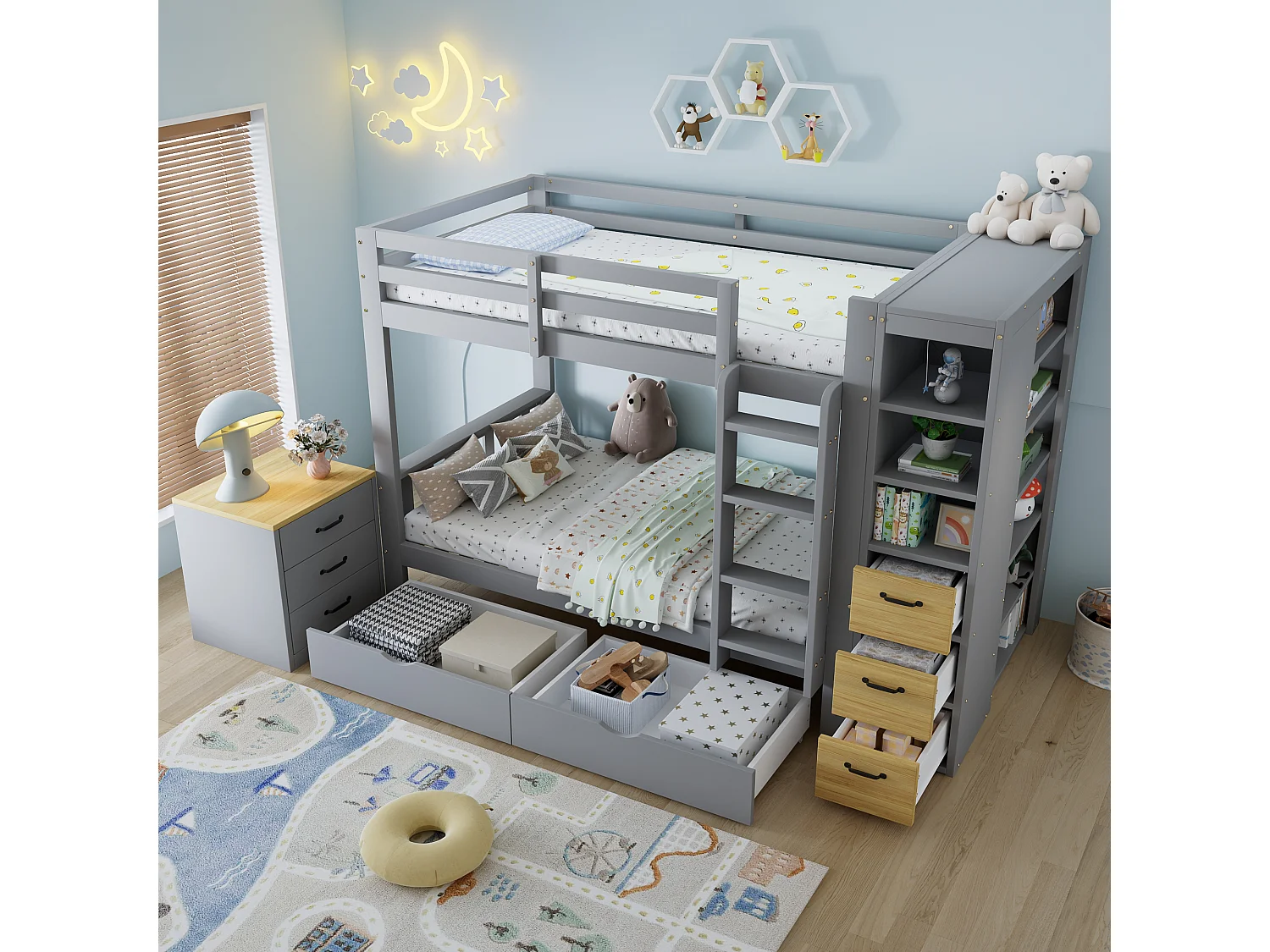Lit superposé enfant 90x200 cm - avec 8 tiroirs et échelle - étagère de rangement latérale et table de chevet mobile - Gris (sans matelas)