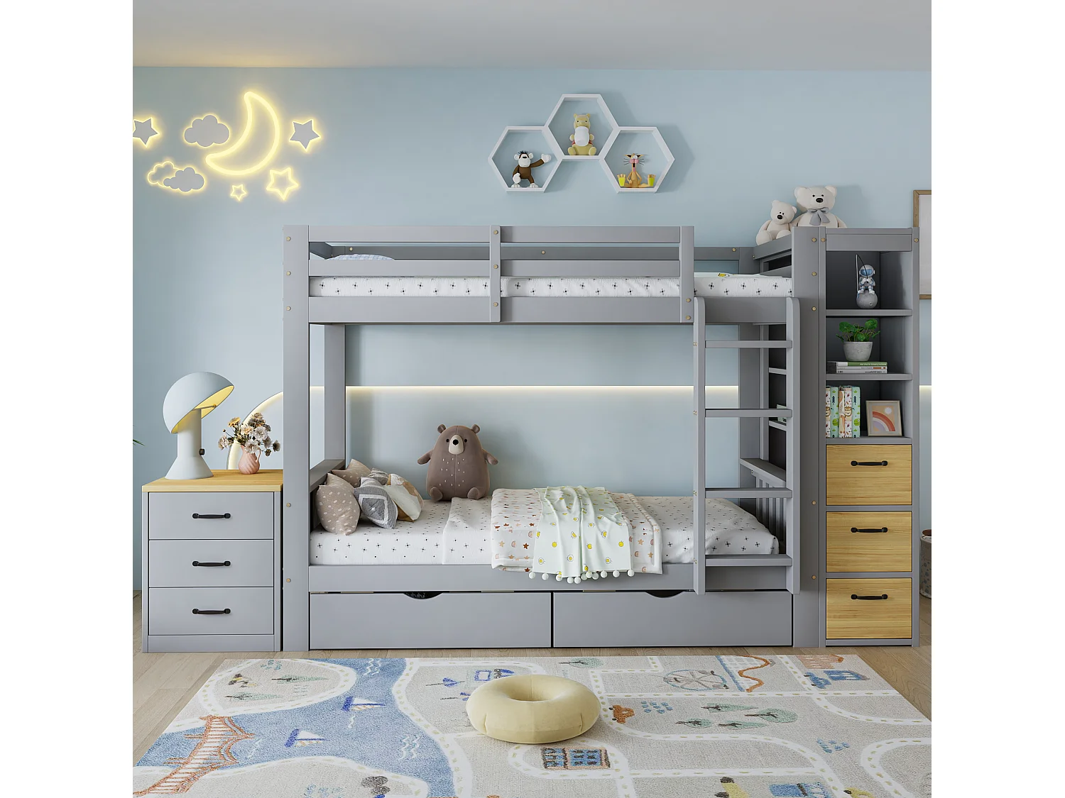 Lit superposé enfant 90x200 cm - avec 8 tiroirs et échelle - étagère de rangement latérale et table de chevet mobile - Gris (sans matelas)
